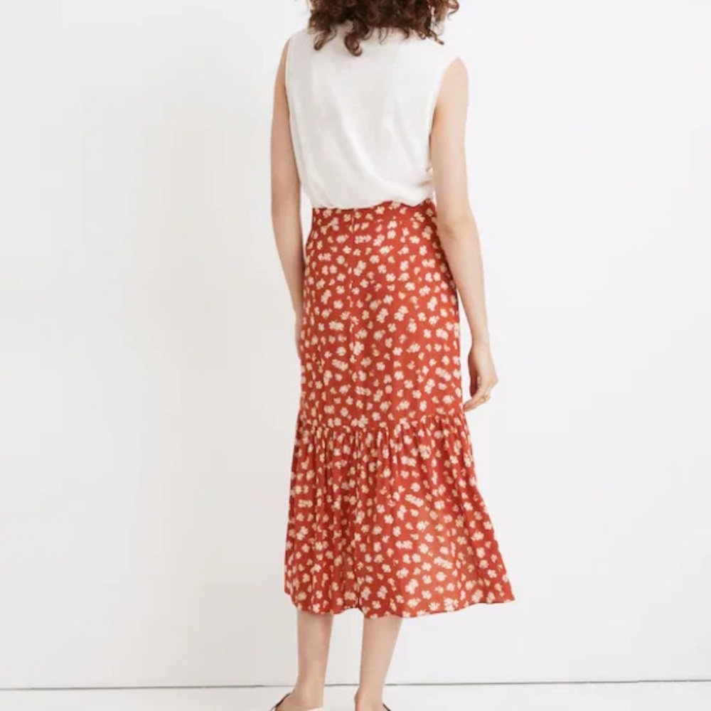 Madewell Happy Hibiscus Ruffle Wrap Midi Skirt Red Floral 2 Cottagecore Boho - Picture 2 of 12